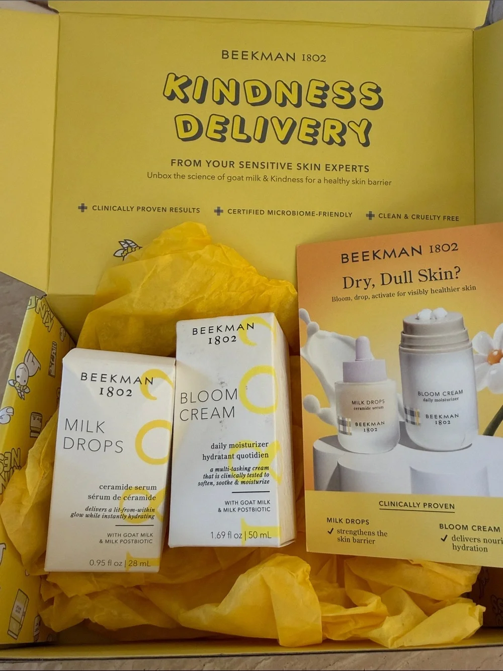 New Beekman 1802 Bloom Cream & Milk Drops Skincare PR box